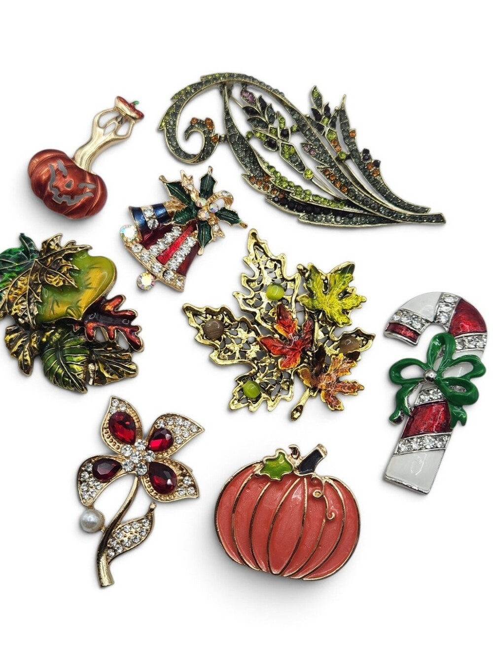 Festive Mixed Enamel and Crystal Holiday Brooch Set - Red, Green, Gold
